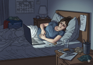 Une femme allongée sur le ventre dans un lit, le visage fatigué, tenant son ventre avec ses mains. Un ordinateur portable est ouvert devant elle, et à côté, on voit une liste de tâches inachevées et des restes de nourriture. L'image capture la fatigue et la procrastination liées aux douleurs menstruelles.