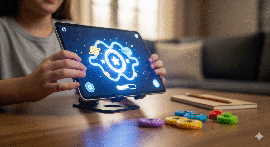 Mise en place d'une tablette sur un support pour jeu thérapeutique.