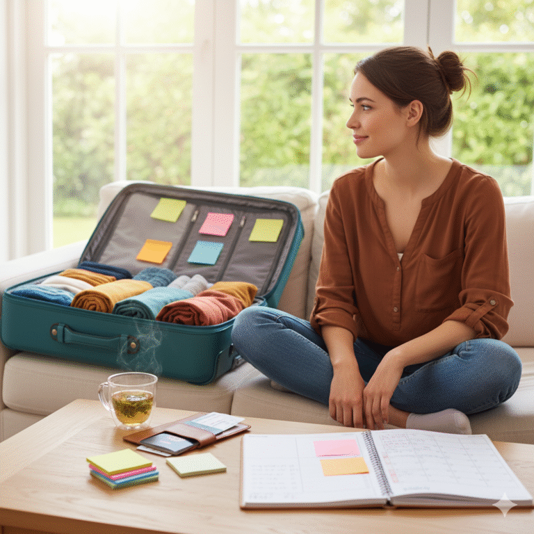 Personne utilisant une checklist et un planning numérique pour la préparation de voyage TDAH.
