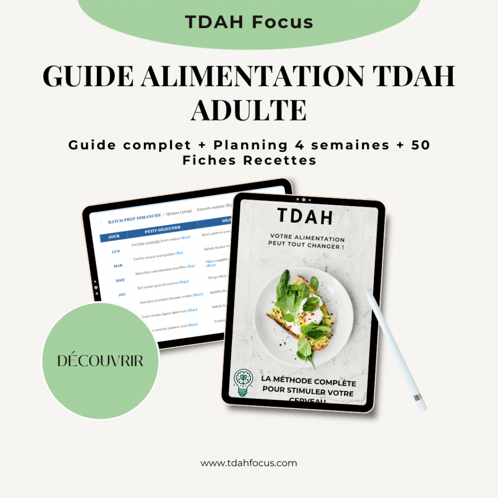 Guide alimentation TDAH adulte avec planning repas 4 semaines affiché sur tablette — méthode complète par pharmacienne nutrithérapeute TDAH Focus