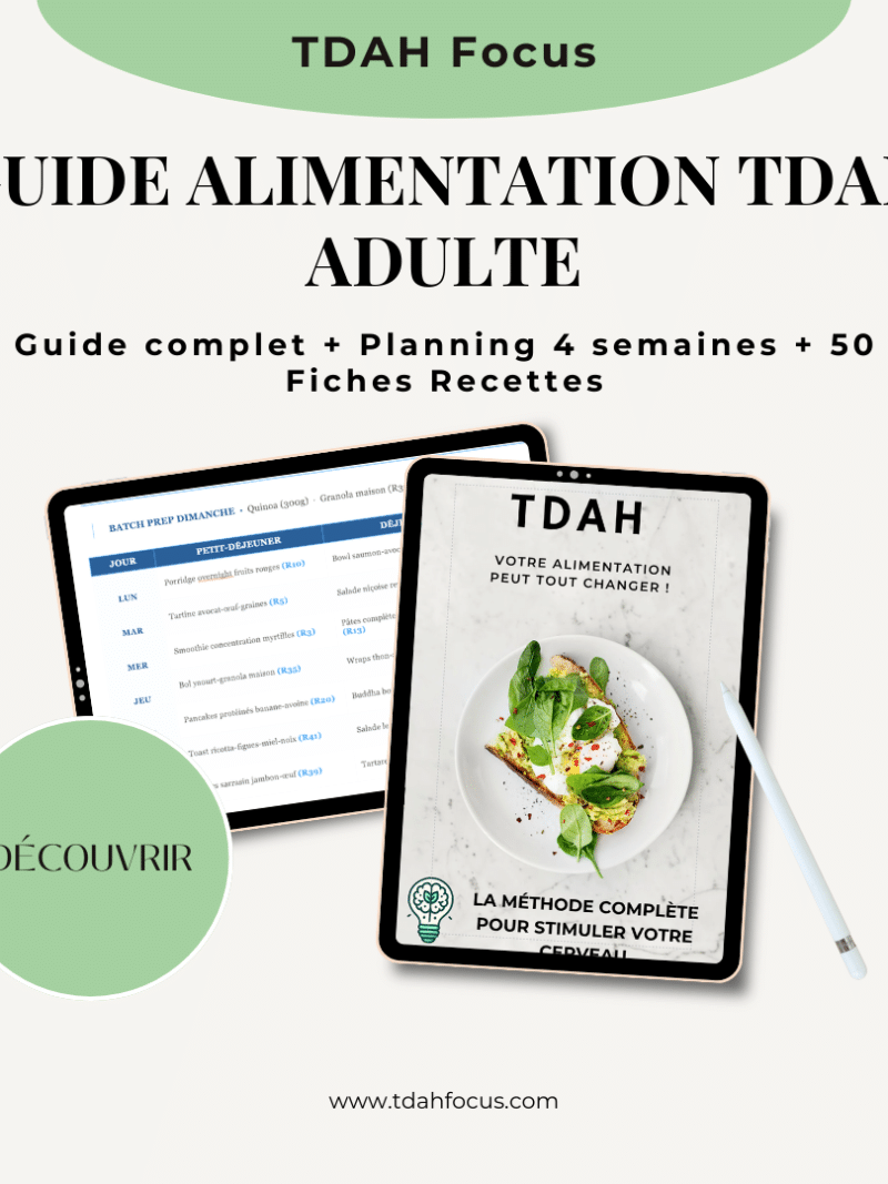 Guide alimentation TDAH adulte avec planning repas 4 semaines affiché sur tablette — méthode complète par pharmacienne nutrithérapeute TDAH Focus