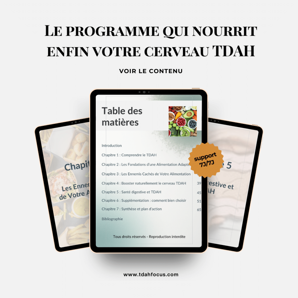 Aperçu des chapitres du livre alimentation TDAH adulte — fondations alimentaires, ennemis cachés et santé digestive sur tablettes