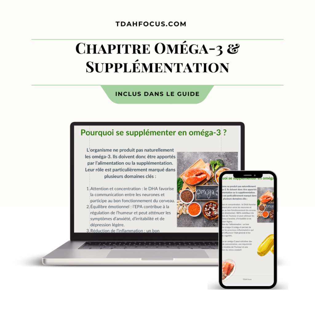 Chapitre oméga-3 et supplémentation TDAH adulte affiché sur ordinateur et smartphone — guide pharmacienne nutrithérapeute