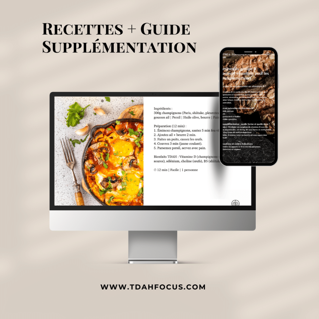 Fiche recette TDAH adulte poêlée champignons-œufs 12 minutes avec bienfaits cerveau et guide vitamines B sur smartphone