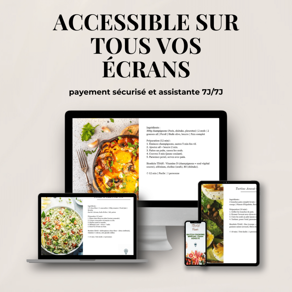 Ebook alimentation TDAH adulte accessible sur ordinateur, tablette et téléphone — guide complet avec recettes et planning repas