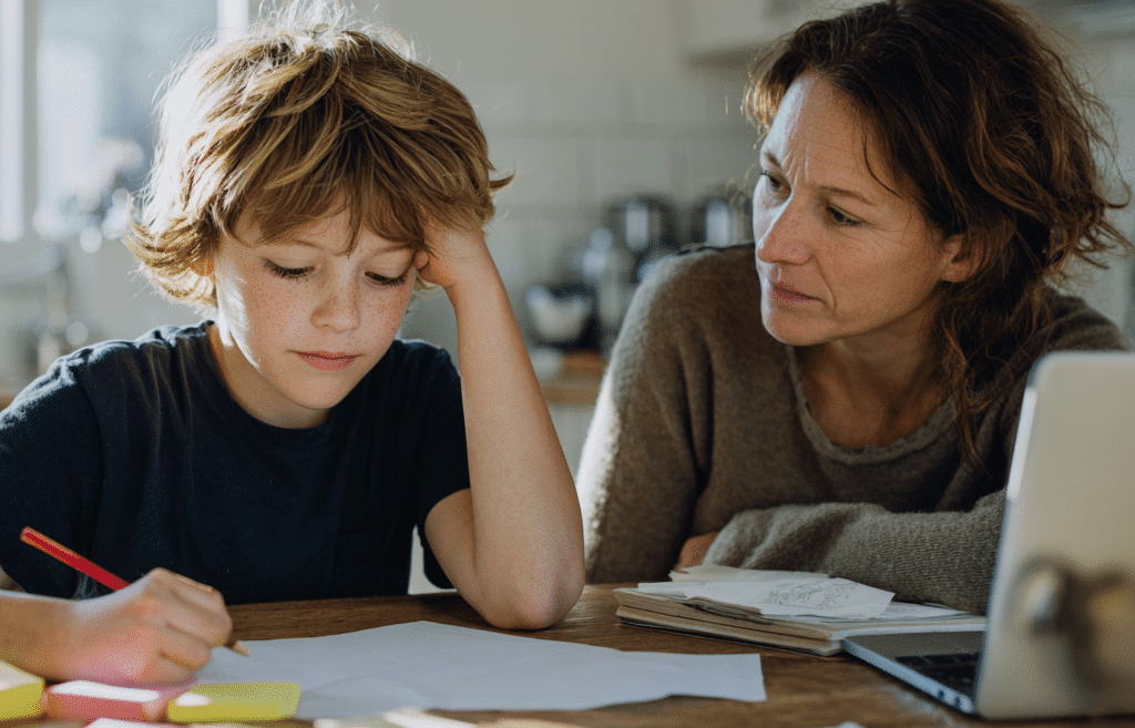 Mère aidant son fils fatigué à faire ses devoirs, l'épuisement des parents TDAH