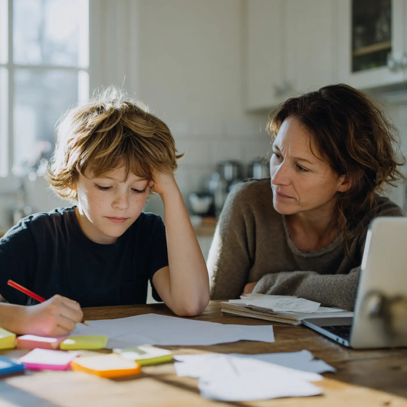 Une mère accompagne son fils aux devoirs, à la table de la cuisine