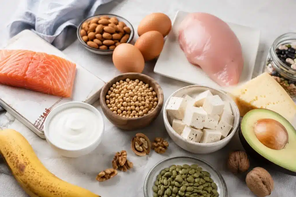 Aliments riches en fer et en protéines : saumon, œufs, volaille, légumineuses et noix