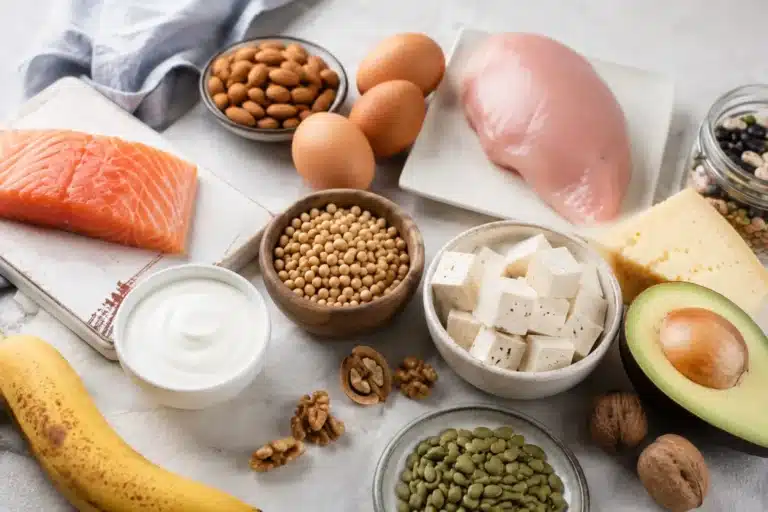 Aliments riches en fer et en protéines : saumon, œufs, volaille, légumineuses et noix