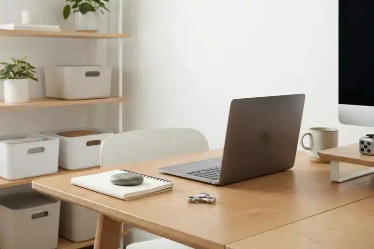 Bureau épuré et rangé, avec un ordinateur portable, un carnet et des boîtes de rangement