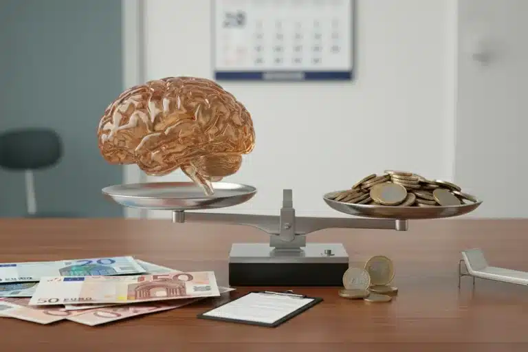Cerveau posé sur une balance face à des pièces et des billets