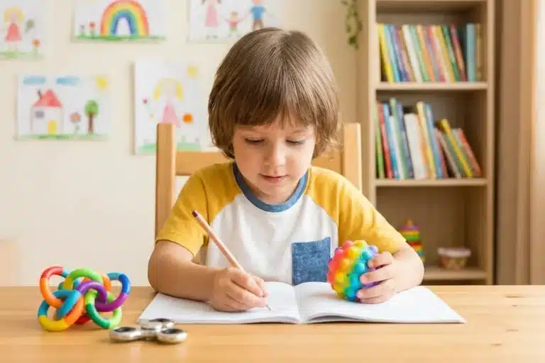 Enfant qui dessine dans un cahier, des jouets sensoriels posés sur la table