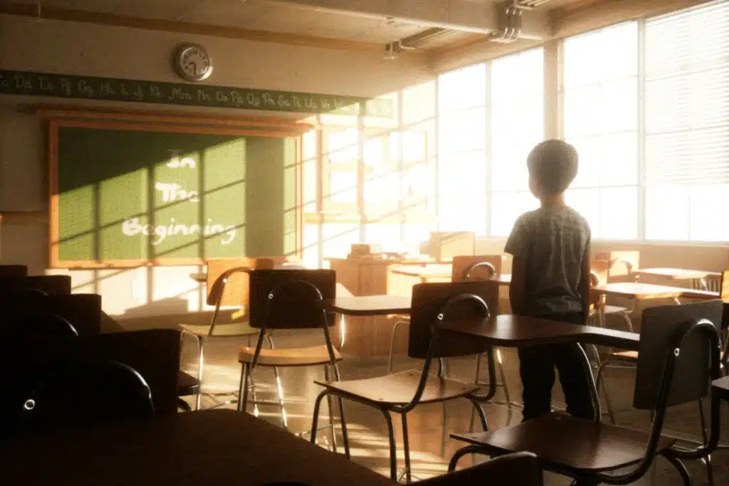 Enfant seul debout dans une salle de classe vide, baignée de lumière