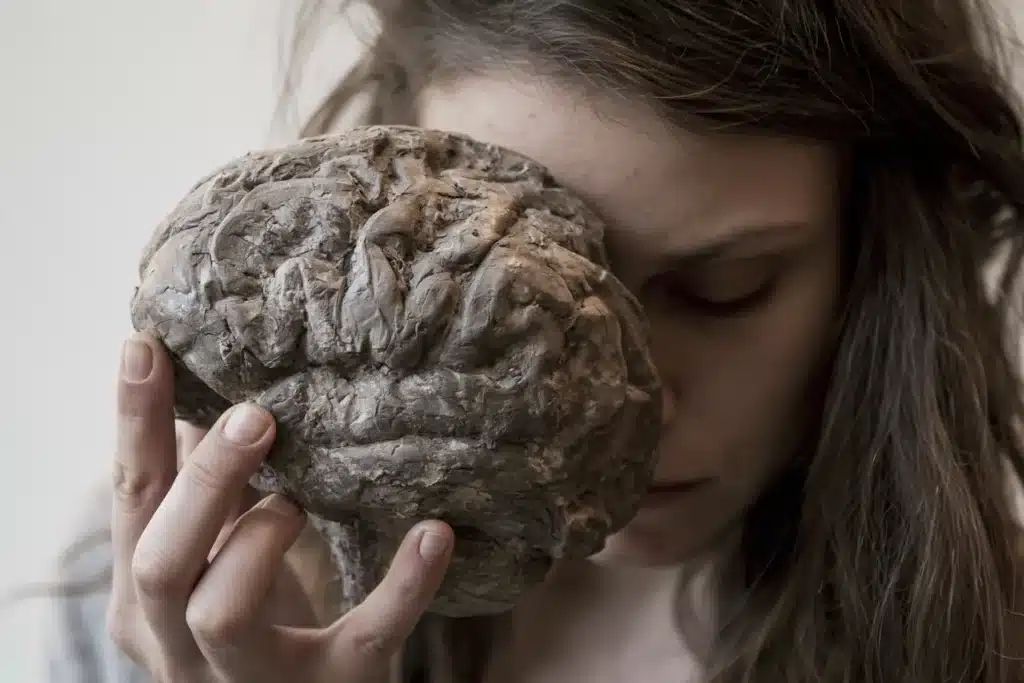 Femme qui tient un cerveau contre son visage, les yeux fermés