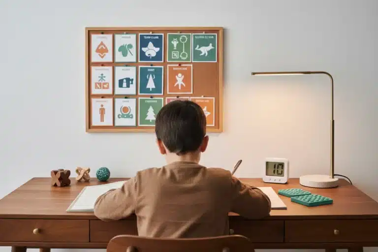 Garçon de dos qui travaille à son bureau sous un tableau de pictogrammes