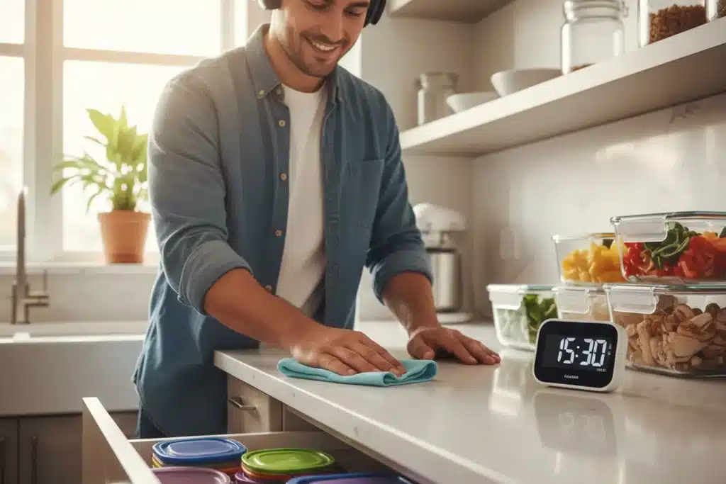 Homme souriant qui range sa cuisine à côté d'un minuteur
