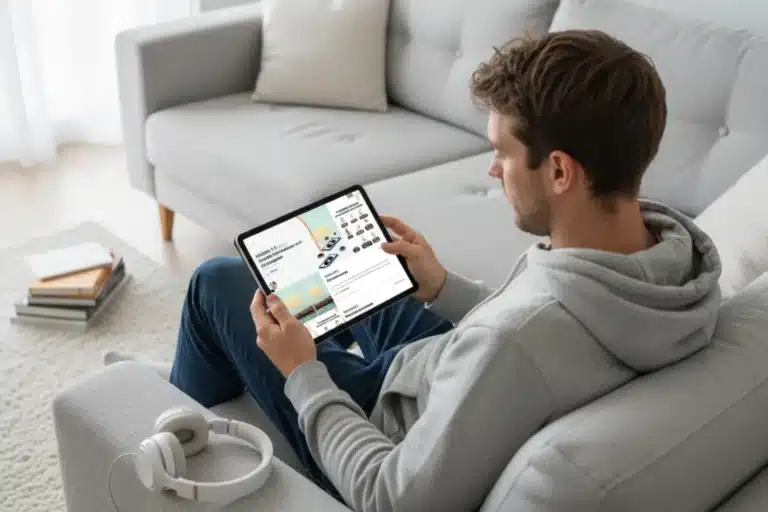 Homme installé sur son canapé, absorbé par sa tablette