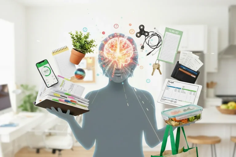 Illustration d'un homme tenant un plateau d'objets du quotidien autour d'un cerveau lumineux