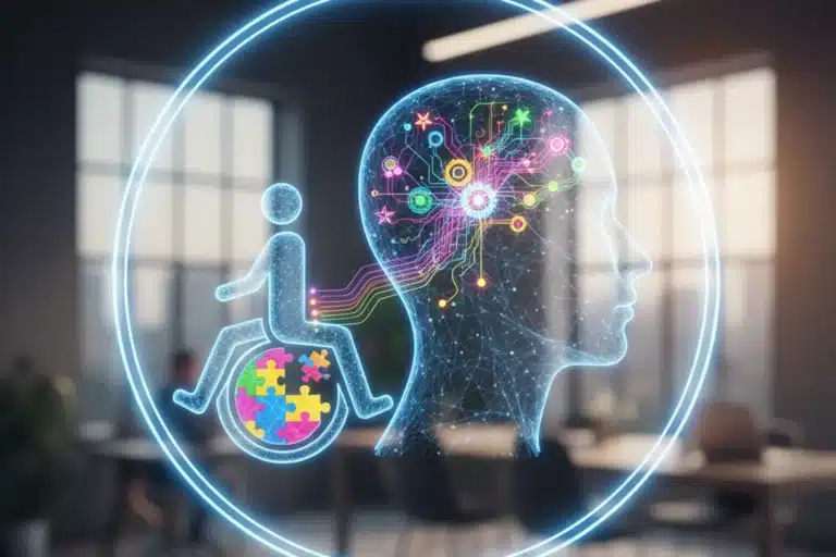 Illustration d'un cerveau et d'un pictogramme de fauteuil roulant, le handicap invisible