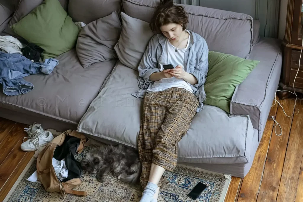 Jeune femme allongée sur son canapé, absorbée par son téléphone dans un salon en désordre
