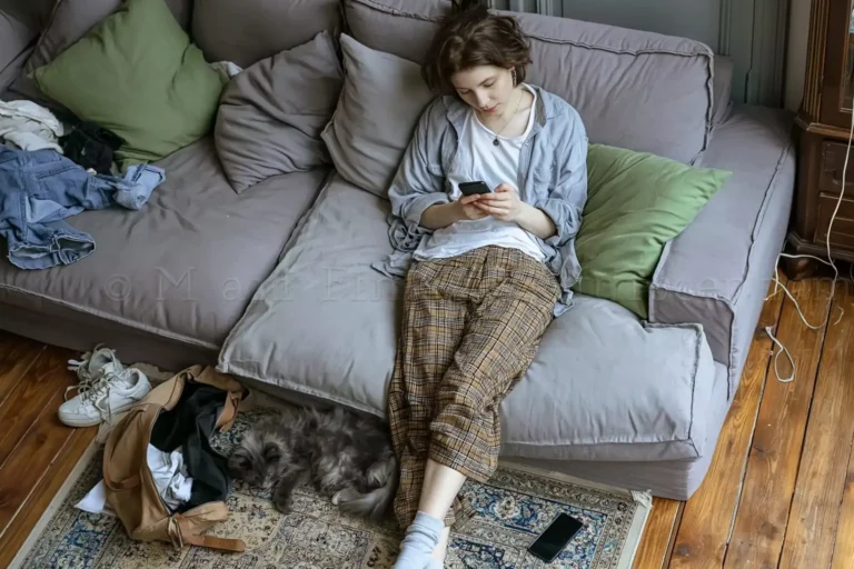 Jeune femme allongée sur son canapé, absorbée par son téléphone dans un salon en désordre