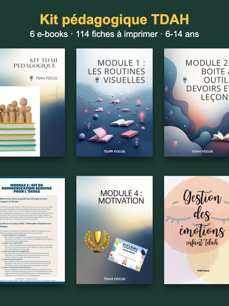 Fiches TDAH Enfant : les 6 e-books (routines, devoirs, école, motivation, émotions)