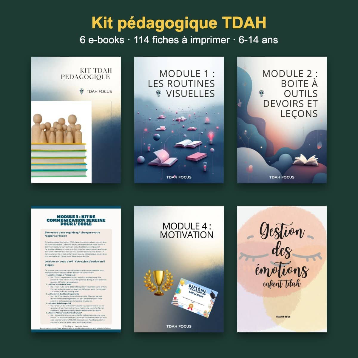 Fiches TDAH Enfant : les 6 e-books (routines, devoirs, école, motivation, émotions)