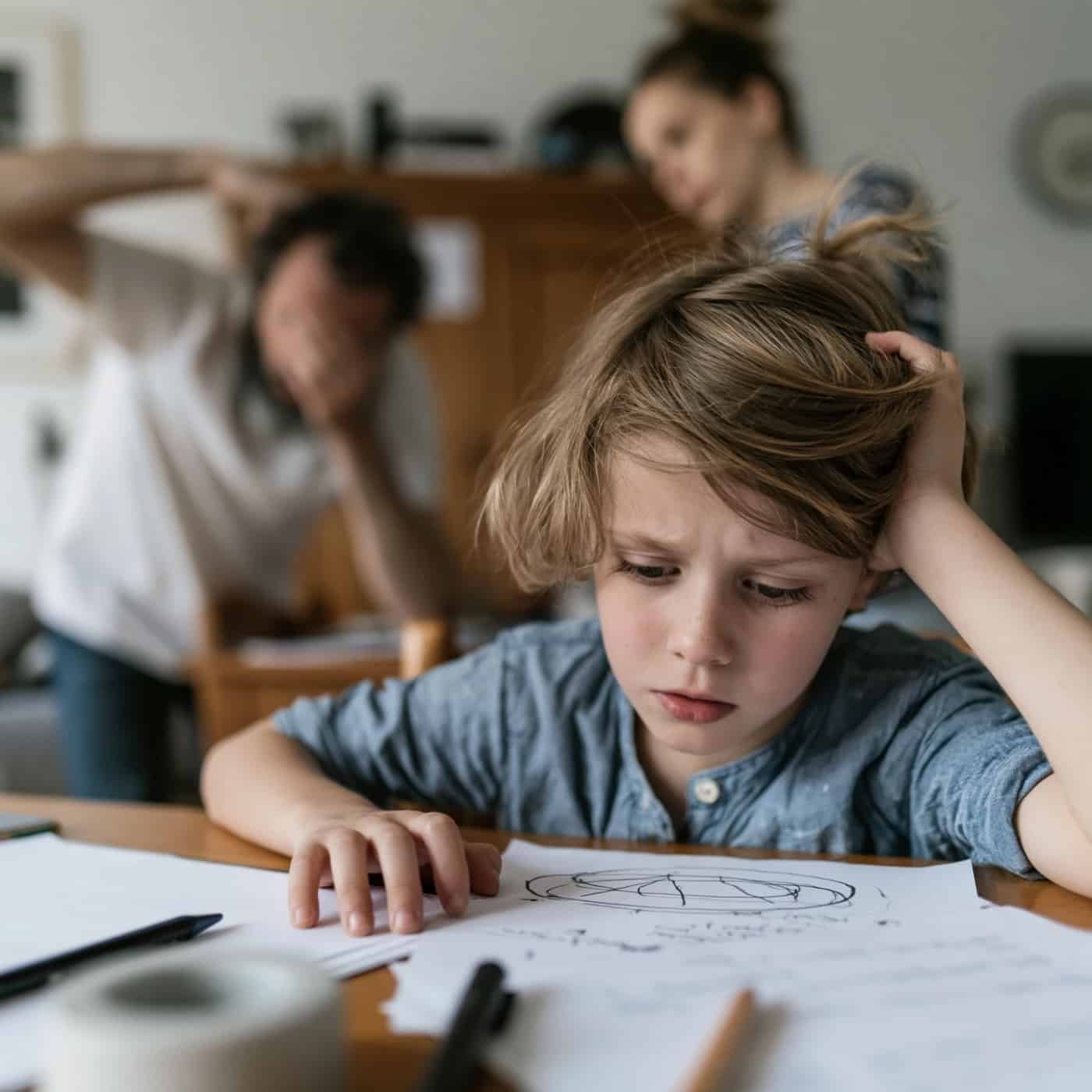 Un enfant bloqué devant sa feuille, ses parents dépassés derrière lui