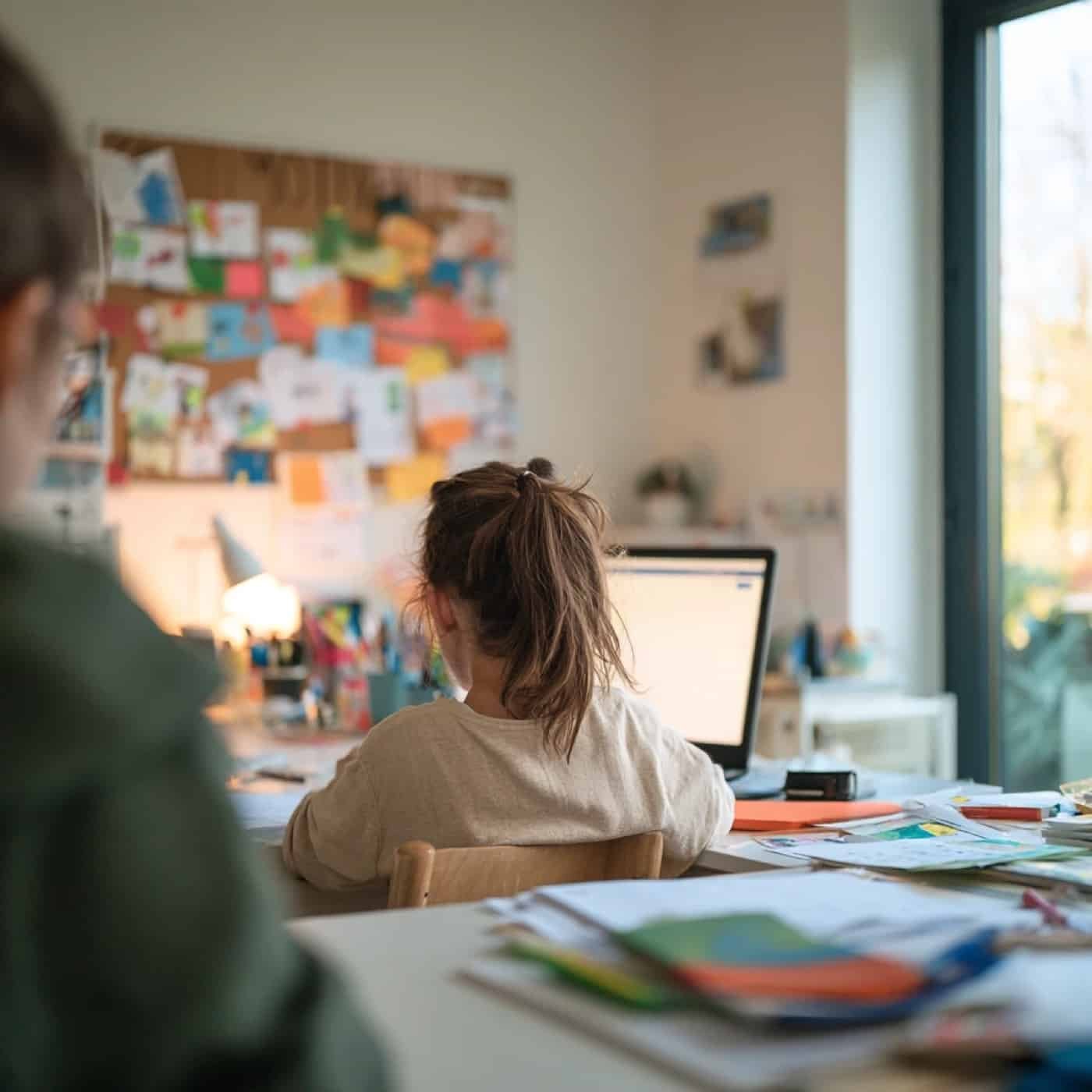 Une fille devant son ordinateur, sa mère de dos au premier plan