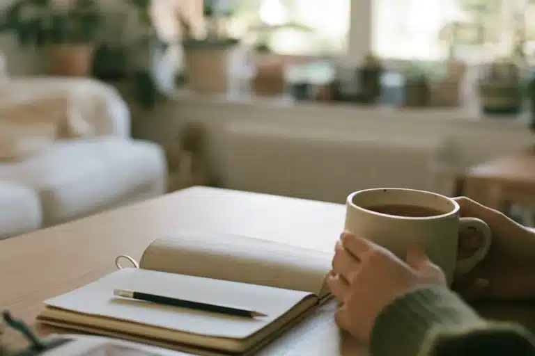 Mains autour d'une tasse chaude, près d'un carnet ouvert