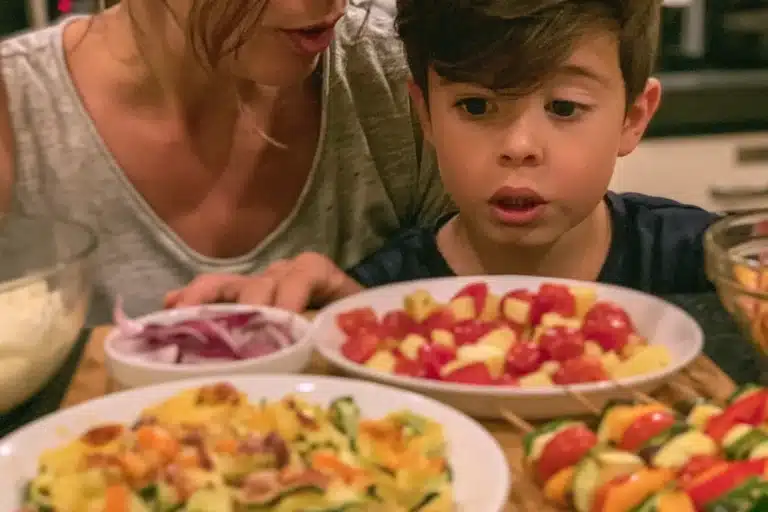 Mère et fils découvrent des plats de légumes colorés