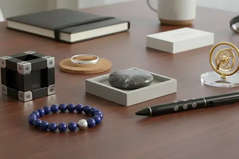 Objets de concentration discrets posés sur un bureau : cube, bracelet, galet