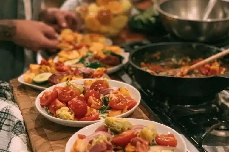 Plats de légumes colorés sur une table familiale