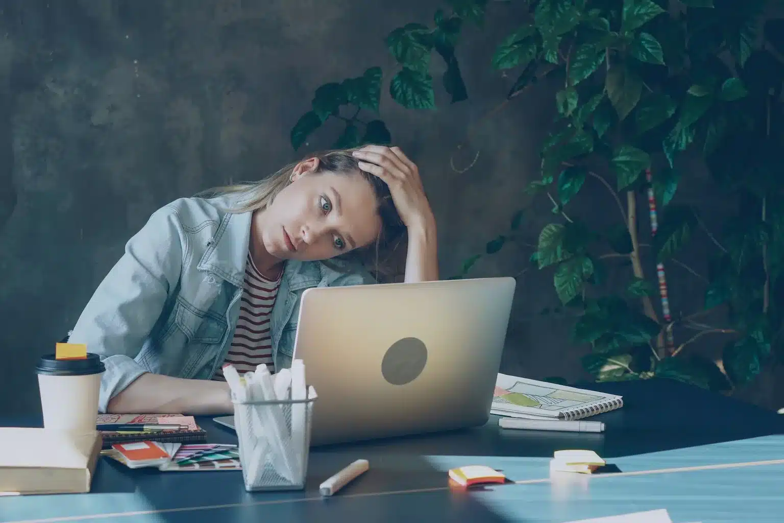 Femme fatiguée à son bureau en fin de journée, la tête appuyée sur la main devant son ordinateur
