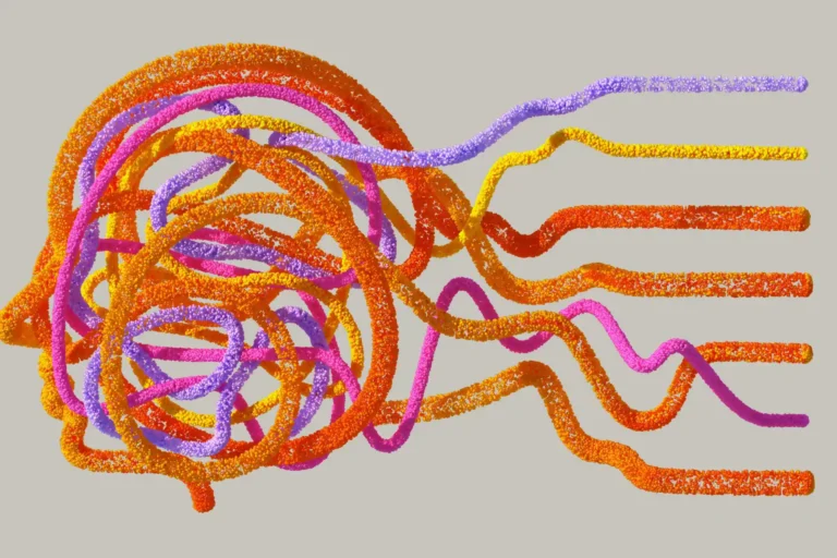 Tête dessinée par des fils colorés emmêlés, l'image du brouillard mental